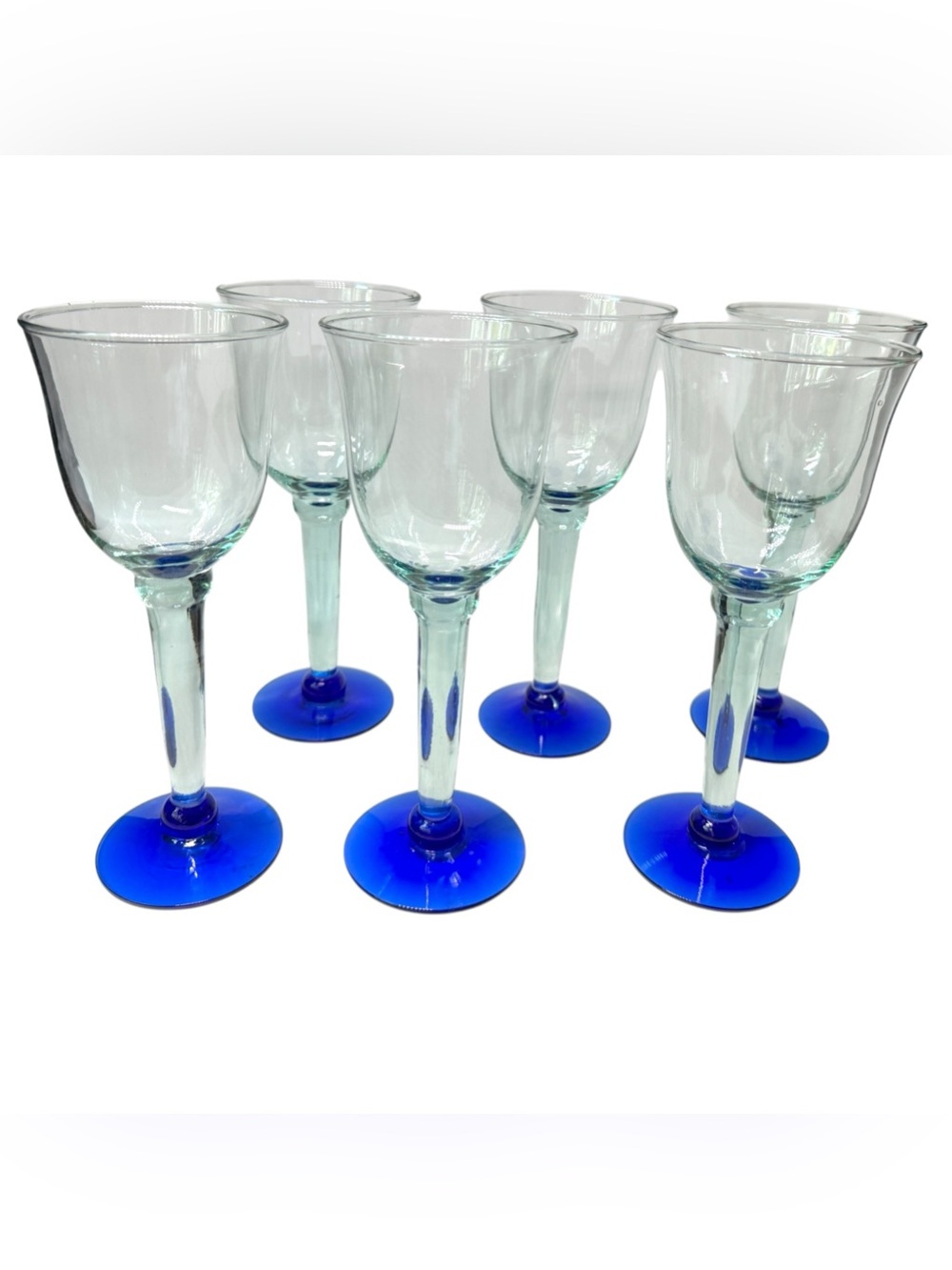 Vintage set of 6 goblets wine glasses 9” tall  antique green cobalt blue